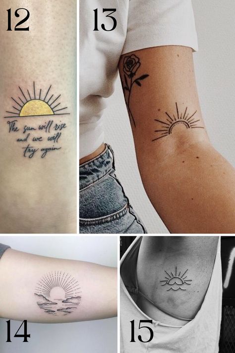 23 Sizzling Sun Tattoo Ideas + Designs - Tattoo Glee Meaningful Sun Tattoo, Sunrise Tattoo With Words, 3 Suns Tattoo, Sunrise To Sunset Tattoo, Sunshine On My Shoulders Tattoo, Tiny Sunshine Tattoo, Create Your Own Sunshine Tattoo, The Sun Always Rises Tattoo, Dainty Sunshine Tattoo