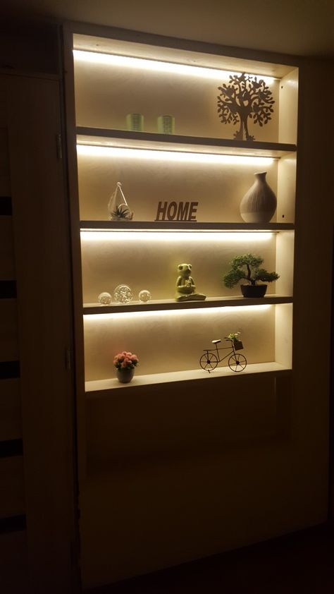 Built In Shelf Lighting, Bookshelf Lighting, Spa Lighting, Home Hall Design, Shelf Lighting, Hall Design, Built In Shelves, Home Design Decor, Design Decor