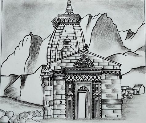 Kedarnath Temple Pencil Sketch, Kedarnath Sketch, God Mandir, Kedarnath Temple, Temple Drawing, Bhagwan Ji, Doodle Art For Beginners, Sketch Images, Landscape Pencil Drawings