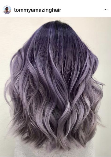 Purple Silver Hair Ombre, Black Hair With Lavender Highlights, Lavender Ash Hair, Greyish Purple Hair, Ashy Purple Hair, Lavender Ombre Hair, Ash Purple Hair, Lilac Grey Hair, Silver Lavender Hair