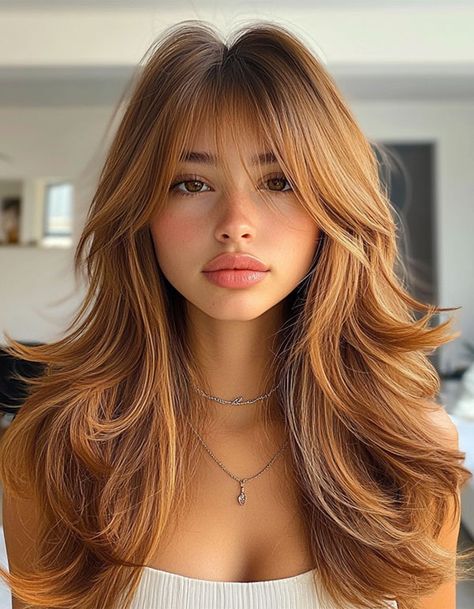 70s Wolfcut Hair, Layered Haircut With Fringe Bangs, How To Style Curtain Fringe, Curtain Bang Layers Long Hair, Copper Hair With Wispy Bangs, Haircut For Thick Hair Bangs, Long Bangs Layered Hair, Red Head Curtain Bangs, Ginger Hair With Curtain Bangs