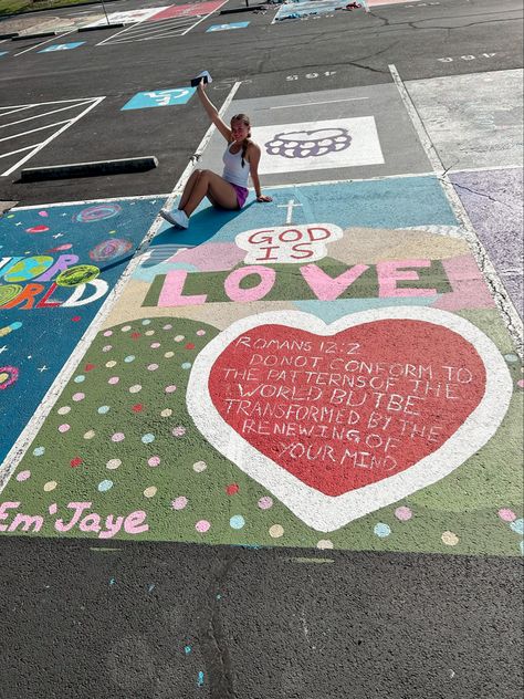 Cute Parking Spot Painting Ideas, Painted Parking Spaces Ideas, Senior Year Planning, Parking Lot Painting, Aesthetic God, Parking Lot Architecture, Senior Year Things, Senior Year Fun, Senior Parking Spot