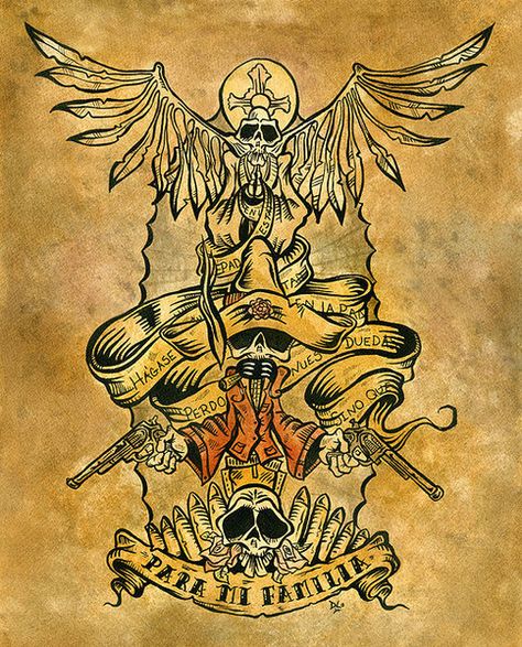 Bandito's Prayer by David Lozeau Candy Skull Art, David Lozeau Art, David Lozeau, Tattoo Banner, Day Of The Dead Art, Sugar Skull Art, Skull Artwork, Skeleton Art, Chicano Art