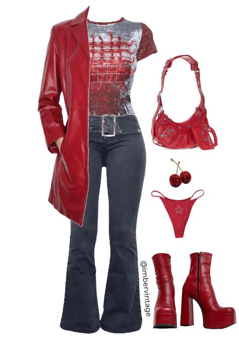 Scarlet Outfit Aesthetic, Red Platforms Outfit, Fire Aesthetic Outfit, Silver And Red Outfit, Descendants Outfit Ideas Red, Scarlet Tour Outfits, Cherry Girl Aesthetic Outfit, Cute Red Outfits Aesthetic, Red Themed Outfits