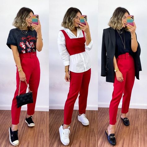 Red Pants Fashion, Outfit Pantalon Rojo, Casual Oufits, Colour Combinations Fashion, Red Pants, Red Outfit, Only Fashion, Fashion Colours, Office Outfits