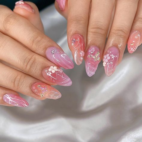 Pink Fairy Nails, Nails Spring Pink, Fairycore Nails, Blossom Nail Art, Candy Fairy, Nails Butterfly, Cotton Candy Nails, Fancy Nails Designs, Pretty Gel Nails