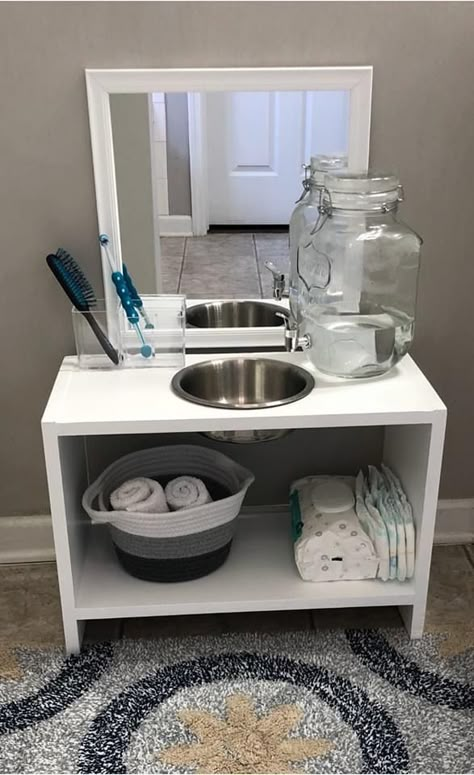 Selfcare Station Montessori, Potty Training Area In Bathroom, Diy Montessori Self Care Station, Toddler Get Ready Station, Montessori Bathroom Station, Potty Station, Montessori Bathroom, Montessori Toddler Bedroom, Kids Sink