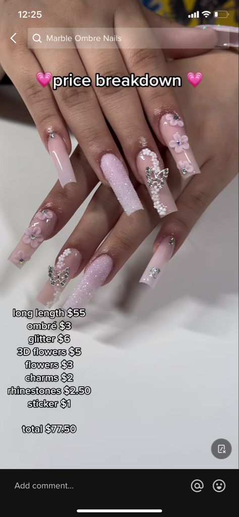 Pink Butterfly Nails, Latina Nail Designs Pink, Butterflies Nails Acrylics, Latina Nails, Sweet 16 Nails, Rose Gold Quinceanera, Acrylic Nail Designs Coffin, French Tip Acrylic Nails, Pink Nail Designs