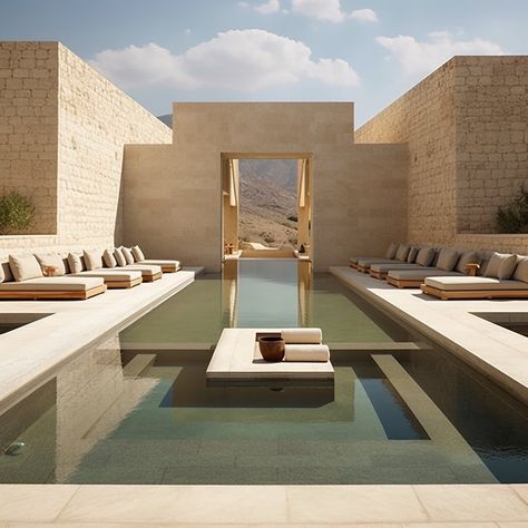 You know those insanely photogenic resorts where you never have to dine in the same spot during your week-long stay? Concept design for a… | Instagram Spa Exterior Design Architecture, Luxury Modern House Design, Pool Decor Ideas, Desert Spa, Resort Interior Design, Retreat Home, Piscina Interior, Resort Design, Desert Homes