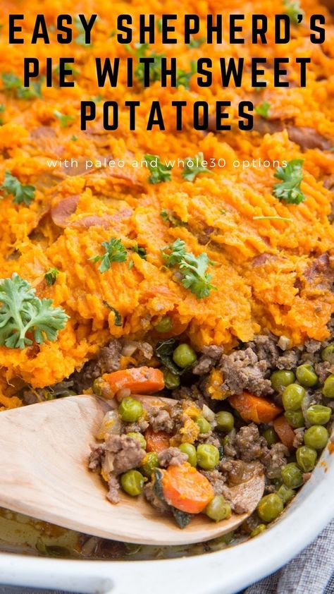 Easy Shepherd's Pie Recipe with sweet potatoes, ground beef, and vegetables. This quick, healthier take on classic Shepherd's Pie is amazingly delicious and nutritious! #shepherdspie #grainfree #glutenfree #paleo #whole30 #healthyrecipe #casserole Shepards Pie Sweet Potato, Potato Easy Recipes, Sweet Potato Easy, Sweet Potato Shepards Pie, Shepards Pie Recipe, Easy Shepherds Pie, Shepards Pie, Healthy Ground Beef, Ground Beef Recipes Healthy