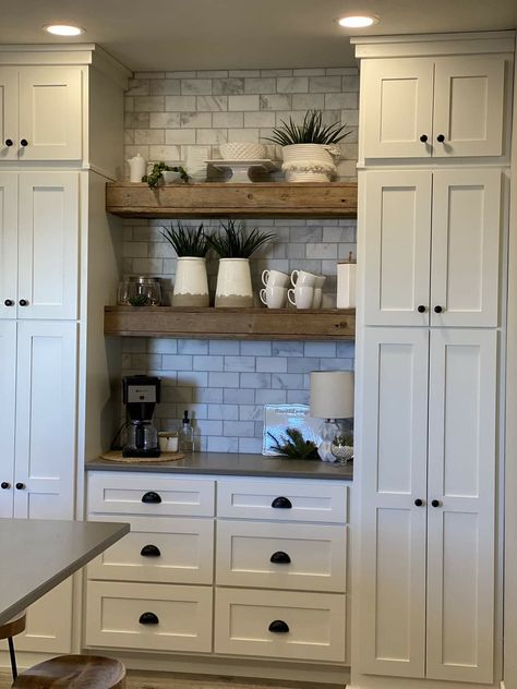 Shelves Between Cabinets, Open Kitchen Cabinets, Kitchen Desks, Kitchen Desk, Cape House, Open Cabinets, Corner Wall, Kitchen Reno, Wall Cabinet