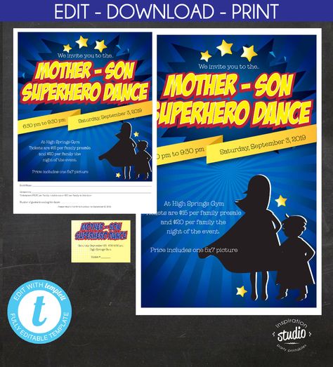 Events Coordinator, School Dance Ideas, Reunion Invitations, Poster Edit, Superhero Poster, Mother Son Dance, Dance Event, Event Template, Family Engagement