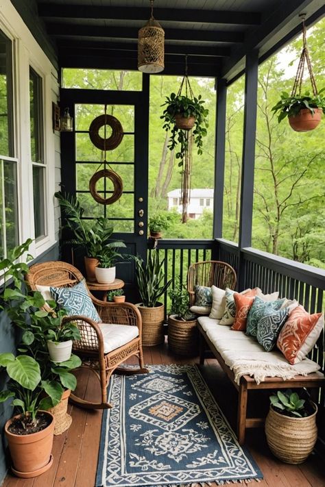 Small Cozy Deck Ideas, Cozy Porch Seating Ideas, Porch Sitting Ideas, Boho Back Porch Ideas, Boho Back Porch, Screen Porch Decorating, Porch Sitting Area, Verandah Decor, Front Porch Furniture Ideas