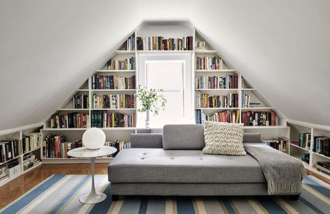 Attic Room Library, Attic Bookshelf Wall, Bookshelf In Attic Room, Attic Bedroom Bookshelves, Bonus Room Library Ideas, Small Attic Library, Attic Hobby Room, Sloped Ceiling Library, Attic Room Bookshelves