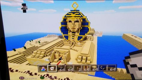 Minecraft Sphinx Statue, Sphinx Minecraft, Egyptian Minecraft, Minecraft Desert, Ancient Egyptian Cities, Minecraft Statues, Minecraft Village, City Ideas, Minecraft Inspiration