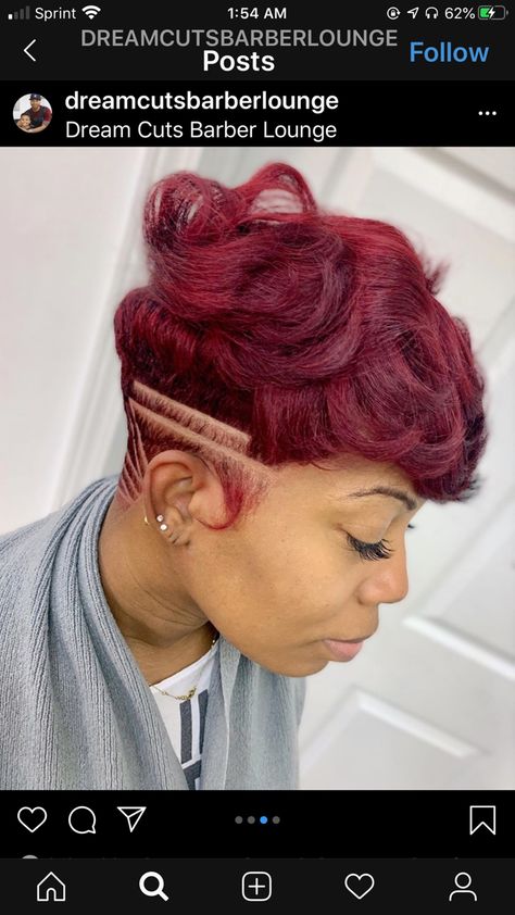 Pixie With Undercut Black Women, Short Red Hairstyles For Black Women, Edgy Short Hair Black Women, Short Red Pixie Haircut Black Women, Pixie Haircut For Black Women With Color, Cherry Red Pixie Haircut, Pixie Cut Designs Black Women, Pixie Cut With Design Black Women, Red Short Hair Black Women