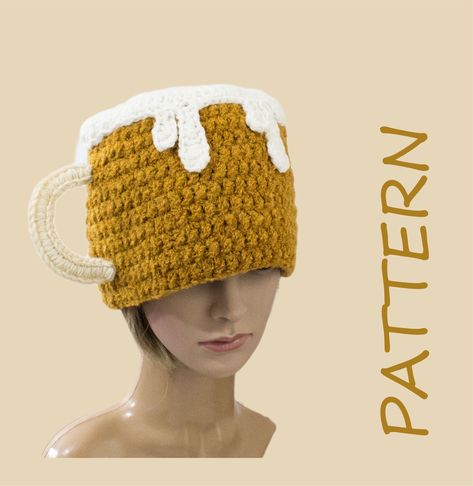 This Beer lover gift hat could be crochet in size: 58-60 cm circumference.The unisex Octoberfest hat is suitable either for men or women. Crochet Beer Hat Pattern, Crochet Beer Hat, Crochet Beer Can Hat Pattern, Crochet Hat Funny, Party Hat Pattern, Crochet Beer, Crochet Beret Pattern, Beer Costume, Cashmere Goat