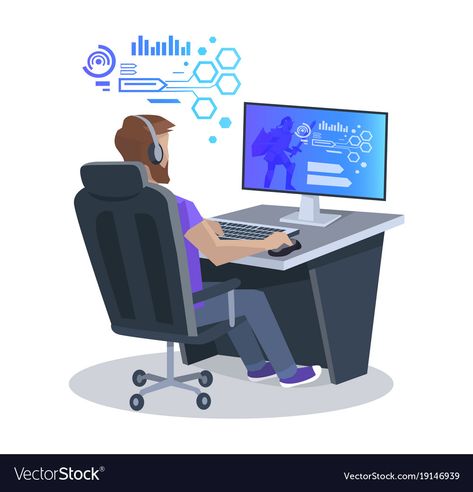 Playing Computer, Computer Logo, Camera Illustration, Chair Drawing, Computer Drawing, Vector Animation, Birthday Cake Topper Printable, Man Illustration, Computer Game