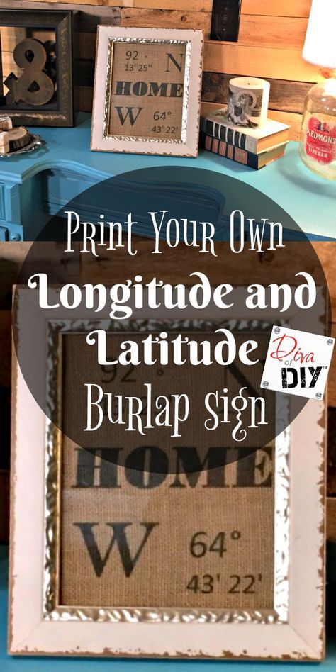 Longitude and Latitude signs are all the rage! Make these DIY homemade signs by printing on burlap from your home printer! Wedding Gifts or Christmas Gifts! Diy Burlap Signs, Latitude Longitude Sign, Vintage Crates, Homemade Wedding Gifts, Burlap Signs, Latitude And Longitude, Homemade Signs, Crafty Decor, Burlap Projects