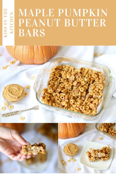 Maple Pumpkin Peanut Butter Bars - Kiss in the Kitchen Pumpkin Cheerio Bars, Pumpkin Cereal Bars, Pumpkin Cheerios, Pumpkin Spice Cheerios, Peanut Butter Cereal Bars, Cheerios Recipes, Peanut Butter Cheerio Bars, Fun Fall Treats, Cheerio Bars