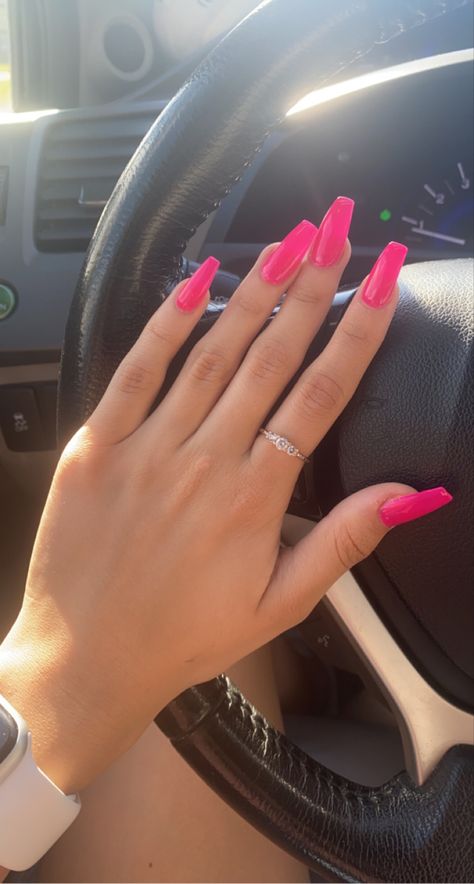 Bright Pink Nail Designs Summer Colors, Barbie Pink Nails Coffin, Hot Pink Tapered Square Nails, Plain Hot Pink Acrylic Nails, Solid Pink Nails Acrylic, Summer Acrylic Nails One Color, Basic Hot Pink Nails, Bright Nail Ideas Summer, Solid Hot Pink Nails