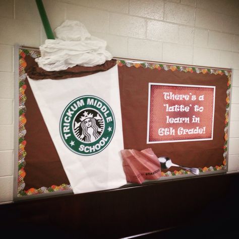 Starbucks themed school bulletin board!  I thought it was a good idea until my crazed hankering for a coffee set in... Starbucks Bulletin Board, Bulletin Board Ideas Middle School, New Year Classroom Door, Starbucks Classroom, New Year Classroom, Coffee Classroom, Middle School Bulletin Boards, Library Bulletin Board, Reading Bulletin Boards