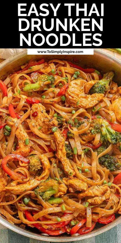 A skillet full of a thai drunken noodles recipe with rice noodles, chicken and red bell peppers and broccoli. Thai Chicken Noodles Stir Fry, Spicy Noodles And Chicken, Spicy Stir Fry Noodles, Chicken Veggie Noodle Stir Fry, Healthy Chicken Stir Fry With Noodles, Chicken Stir Fry Rice Noodles, Rice Noodles Dishes, Brown Rice Noodles Stir Fry, Thai Chicken Dishes