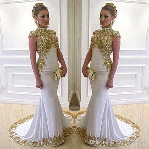 2020 Vintage White Long Evening Dresses High Neck Cap Sleeve Beaded Gold Lace Appliques Stretch Satin Mermaid Women Formal Gowns Amazing Evening Dresses Boutique Evening Dresses From Cinderelladress, $146.45| DHgate.Com Dresses Long Formal, Mermaid High, Maternity Evening Dress, Evening Dresses Uk, Muslim Evening Dresses, African Prom Dresses, White Evening Dress, Cheap Evening Dresses, Evening Gown Dresses