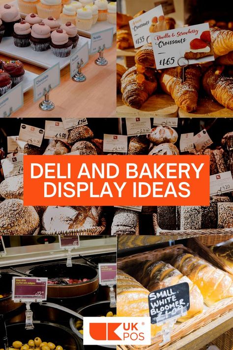 Food label holders and other bakery display ideas and signage options Deli Shop Ideas, Deli Display Ideas, Deli Ideas Business, Baked Goods Stand, Deli Counter Display Ideas, Diy Bakery Display Case, Bakery Pop Up Shop Display, Pastry Display Ideas, Bake Sale Displays Table