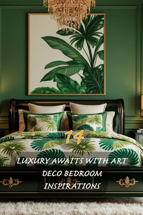 Step into a world of elegance with this stunning art deco bedroom design! The rich green tones and vibrant tropical prints create a serene yet sophisticated atmosphere. I love how the large statement art piece above the bed harmonizes with the luxe bedding, bringing a touch of nature indoors. Each detail, from the ornate bed frame to the shimmering chandelier, adds to the opulence. Join me in exploring 14 delightful ideas to transform your bedroom into a luxurious retreat! Art Deco Bedroom Design, Deco Bedroom Ideas, Art Deco Bedroom Ideas, Luxe Bedding, Ornate Bed, Royal Bedroom, Statement Art Pieces, British Colonial Decor, Art Deco Bedroom