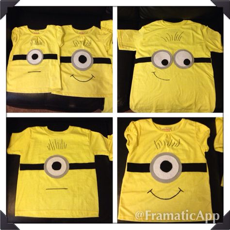 Minion diy shirt idea. Cut felt Into eyes and goggles shapes and glue with fabric glue! No ironing required. *I used these as party favors for each child. Minion Tshirt Ideas, Minion Shirts Diy, Work Group Halloween Costumes, Minion Diy, Diy Minion Costume, Minion Costume, Minion Shirts, Diy Minions, Minion Halloween