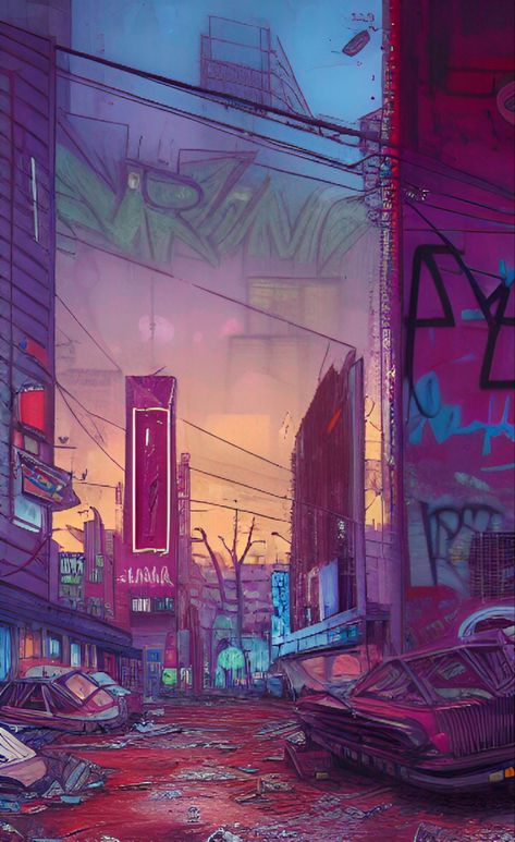 Cyberpunk Abandoned City, Neon Apocalypse, Pastel Apocalypse, Zombie Apocalypse Color Palette, Abandoned City Concept Art, Apocalyptic City, Abandoned City Aesthetic, Punk Visual Art, Broken City