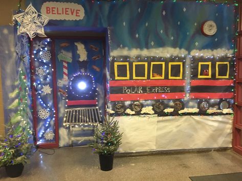 Christmas Train Door Decoration, Train Classroom Door, The Polar Express Door Decoration, Polar Express Classroom Door Ideas, Train Door Decoration, Polar Express Bulletin Board Ideas, Polar Express Door Decorating Contest, Polar Express Office Decorations, Polar Express Door Decorations Classroom