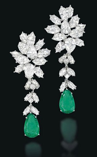 A PAIR OF EMERALD AND DIAMOND EAR PENDANTS   Of foliate design, the pear-shaped emerald suspended from a detachable diamond line to the pear and marquise-cut diamond cluster surmount, 5.7cm long Hazoorilal Jewellers, Bijoux Art Nouveau, Designer Diamond Jewellery, Marquise Cut Diamond, Emerald Earrings, Fabulous Jewelry, Emerald Jewelry, Stunning Jewellery, Exquisite Jewelry