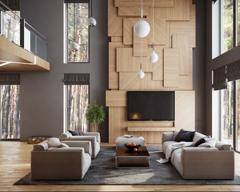 Contemporary Living Room Design, Modern Tv Wall, Interior Design Per La Casa, Wall Panel Design, Double Height, Tv Wall Design, Modern Houses Interior, Interior Wall Design, Interior Modern