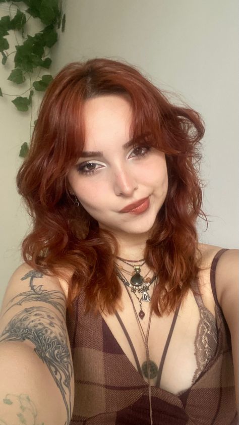 Natural Red Dyed Hair, Cherry Red Hair Medium Length, Dyed Armpit Hair Aesthetic, Redhead Wolfcut, Ginger Hair Wolf Cut, Alt Ginger Hair, Copper Wolf Cut, Ginger Wolfcut, Wolf Cut Red Hair