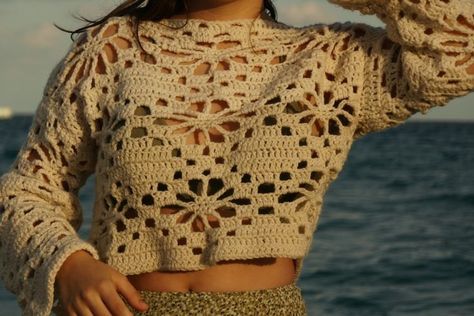 Crochet Flower Mesh Top Pattern, Flower Sweater Crochet Pattern, Flower Pattern Crochet Top, Crochet Sweater Flower, Flower Crochet Sweater Pattern, Crochet Flower Lace Top, Crochet Flower Jumper, Flower Crochet Top Pattern, Flower Sweater Crochet