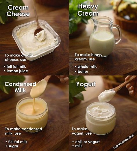 Homemade Heavy Cream, Food Alternatives, Homemade Cookbook, Baking Hacks, Homemade Pantry, Homemade Sauce Recipes, Homemade Condiments, Food Infographic, Tasty Recipes Videos