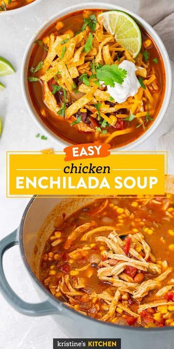 Hearty and flavorful Chicken Enchilada Soup! This easy soup recipe has shredded chicken breast, beans, corn and enchilada sauce. Load up a bowl with your favorite toppings and enjoy for lunch or dinner. Slow cooker and Instant Pot instructions included. Chicken Enchilada Soup Zupas, Chicken Enchilada Soup Crockpot Recipes, Chicken Quesadillas Soup, Enchilada Chicken Chili, Chicken Enchiladas Soup Easy, Quick And Easy Soup Recipes For Two, Chicken And Enchilada Sauce Recipes, Things To Make With Enchilada Sauce, How To Use Enchilada Sauce