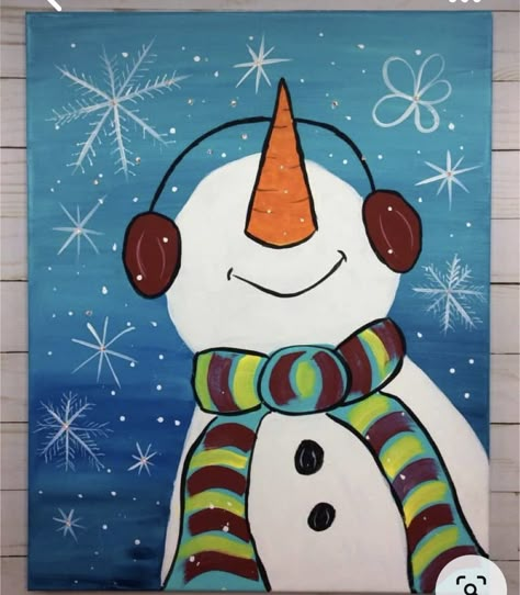 Easy Snowman Painting On Canvas, Snowman Painting For Kids, How To Paint A Snowman, Easy Snowman Painting, Snowman With Lights, Paint A Snowman, Preschool Painting, Wine And Paint Night, Snowman Art