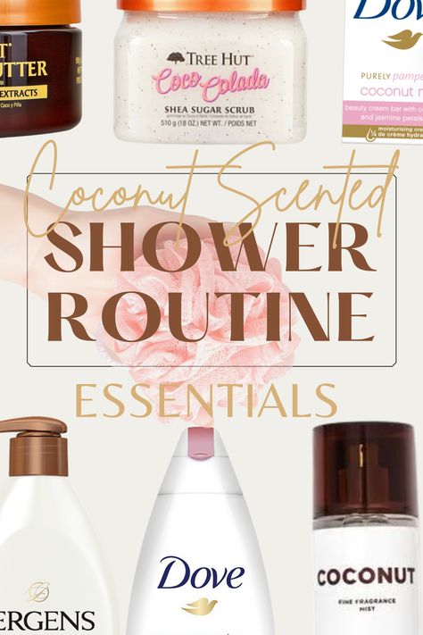 These coconut scented shower routine products (including Tree Hut's Coco Colada shea sugar scrub) will help you smell like coconut all day. These essentials are perfect for summer and your daily self care routine. Coconut Body Care Routine, Coconut Shower Routine, How To Smell Like Coconut All Day, Coconut Scented Shower Routine, Coconut Shower Products, Vanilla And Coconut Body Care, Best Coconut Scented Products, You Smell Like Coconut, Smell Good All Day Products