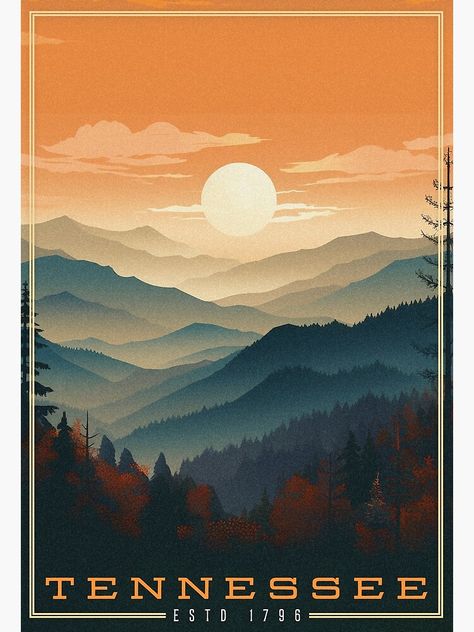 Tennessee Poster, Tennessee Landscape Ideas, Retro Mountain Art, Retro Mountain, Tennessee Artwork, Tennessee Wall Art, Tennessee Painting, Cottage Style Living Room, Mountain Illustration