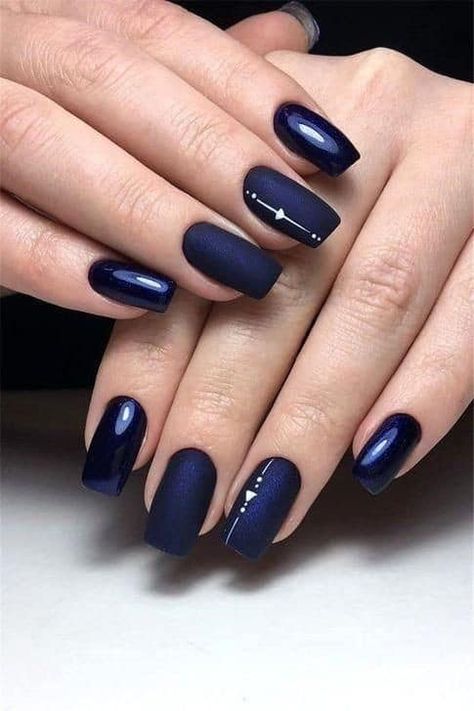 Square Shaped Navy Blue Manicure With Metallic & Shine Dark Blue Nail, Navy Blue Nail Designs, Blue Manicure, Geometric Nails, Geometric Aesthetic, Navy Nails, Navy Blue Nails, Wedding Nails Glitter, Geometric Nail Art