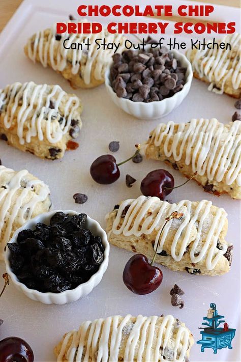 Chocolate Chip Dried Cherry Scones | Can't Stay Out of the Kitchen | these fabulous #scones are filled with #ChocolateChips & #DriedCherries. The texture is softer and the scones are glazed with a rich, powdered sugar icing which makes them sweet & irresistible. Great #breakfast treat for weekends, company or a #holiday breakfast. Prepare to swoon from the first bite! #ChocolateChipDriedCherryScones #chocolate Sourdough Cherry Scones, Chocolate Chip Scones With Heavy Cream, Hersheys Cinnamon Chip Scones, Dried Cherry Scones, White Chocolate Cherry Scones, Scones With Dried Cherries, Cherry Scones Recipe, Breakfast Scones, Cherry Scones