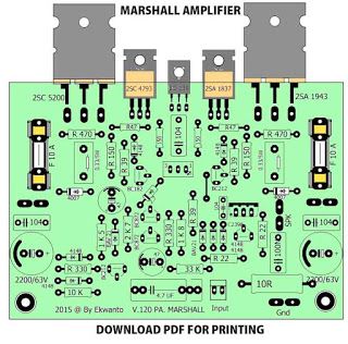 Hello Electronic DIY'ers, on this occasion I will share a PCB Layout file for Marshal V.120PA power amplifier. Where this power amplifier circuit is very suitable for guitar amplifiers, the power output can reach 100W with an adequate power supply, you can use a symmetrical power supply, ranging from a voltage of 25VDC-45VDC, a minimum of 5 amps Guitar Amplifier Schematic, Rangkaian Elektronik Amplifier, Power Amplifier Audio, Marshall Bluetooth, Diy Guitar Amp, Hifi Amplifier, Mini Amplifier, Amplifier Audio, Mobile Tricks