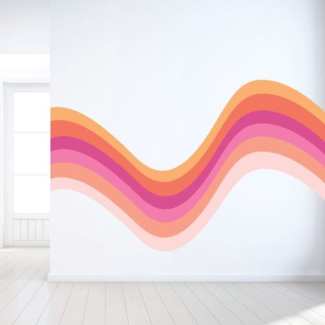 Wavy Retro Stipe Wall Decal Colorful Rainbow Wall Art Sticker Retro Rainbow Wall Decal Nursery Rainbow Wall Sticker - Etsy Accent Art Wall, 70s Wavy Wall Art, Squiggle Line Wall Paint, Simple Diy Wall Mural, Wavy Accent Wall, Rainbow Wall Design, Cool Wall Designs Paint, Retro Wall Decals, Swirly Wall Paint