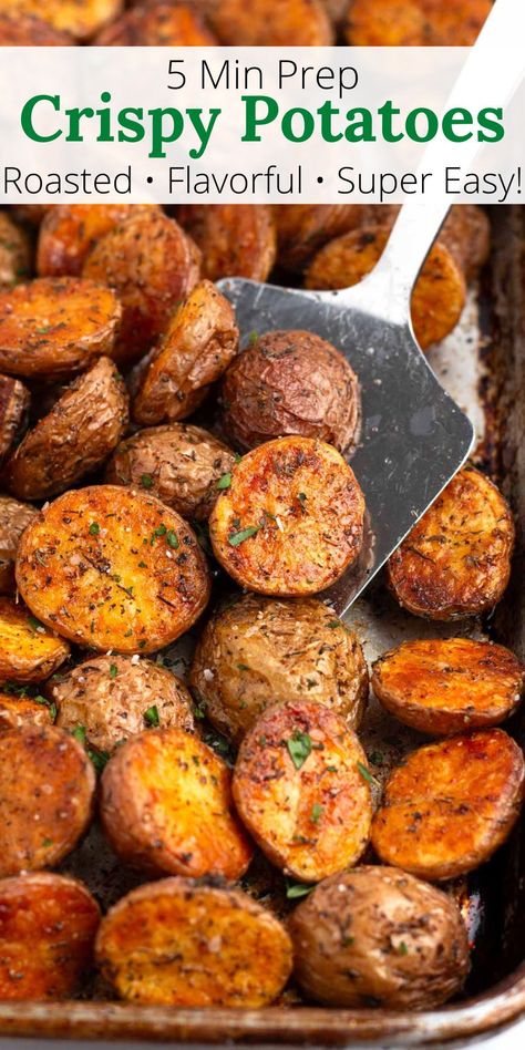 Enjoy perfectly crispy Oven Roasted Potatoes with minimal effort! In just 5 minutes of prep time, you can have a tasty and versatile side dish. Whether you use gold, red, or baby potatoes, and dried herbs, this easy-to-prepare recipe is sure to be a hit. Oven Potatoes Baked, Crispy New Potatoes Recipes, Roasted New Potatoes Crispy, Cooking Small Potatoes In Oven, Potato Recipes Oven Roasted, Potatoes Oven Recipes, Yellow Roasted Potatoes In Oven, Red Potato Meal Prep, Easy Roast Potatoes