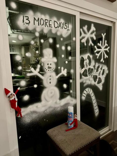 Elf On Window, Elf On Shelf Magnatiles, Camping Elf On The Shelf, Elf On The Shelf Window Ideas, Elf On The Shelf Snow, Eots Ideas, Elf On The Shelves, Elf Ideas Easy, Merry Christmas Baby