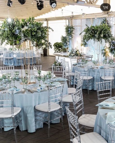 Baby Blue Engagement Decoration, Blue And White Wedding Venue Ideas, Sky Blue Theme Birthday Party, Powder Blue Theme Wedding, Light Blue And White Wedding Decorations, Light Blue Bridal Dress, Pastel Blue Wedding Decorations, Light Blue 15 Decorations, Powder Blue Wedding Decor