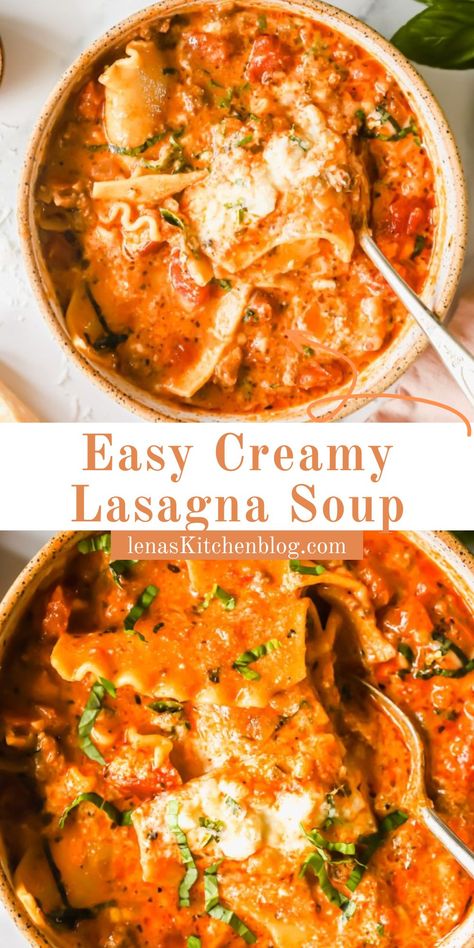 This Easy Creamy Lasagna Soup​​ is picky-eater approved! Made with a comforting mix of ground beef, Italian herbs, cream, and lasagna noodles, every bite has all of the flavors of lasagna but is ready to eat in half the time. Stovetop, Instant Pot, and slow cooker instructions included. Creamy Lasagne Soup, Lasagna Soup Paula Deen, Healthy Crockpot Lasagna Soup, Dump And Go Creamy Lasagna Soup, Vodka Sauce Lasagna Soup, Lasagna Soup With Oven Ready Noodles, Homemade Lasagna Soup, Lasagna Soup With Pasta Sauce, Lasagna Soup In The Crockpot